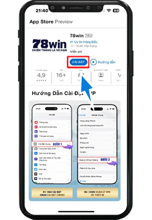 Bước 3 : Chọn Cài đặt